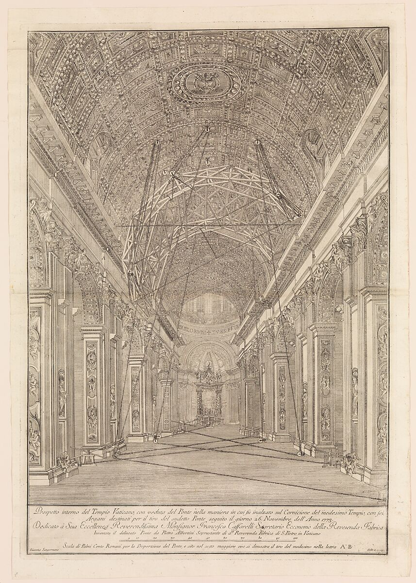 Scaffolding Erected for the Restoration of the Vault in St. Peter's Basilica: Overview of the Nave, Giacomo Sangermano (Italian, active 1743–1773), Etching 