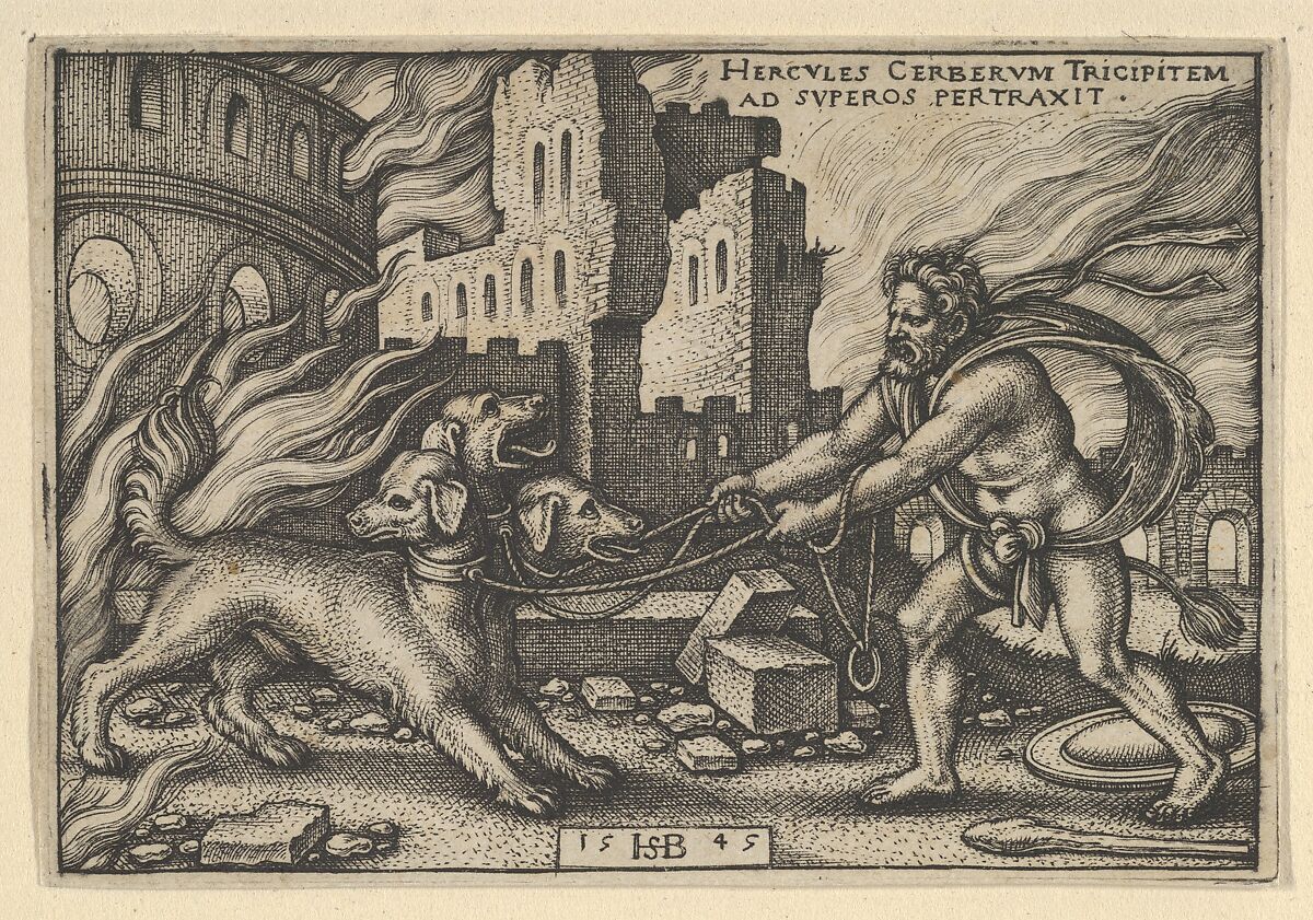 Hercules Capturing Cerberus, from "The Labors of Hercules", Sebald Beham (German, Nuremberg 1500–1550 Frankfurt), Engraving 