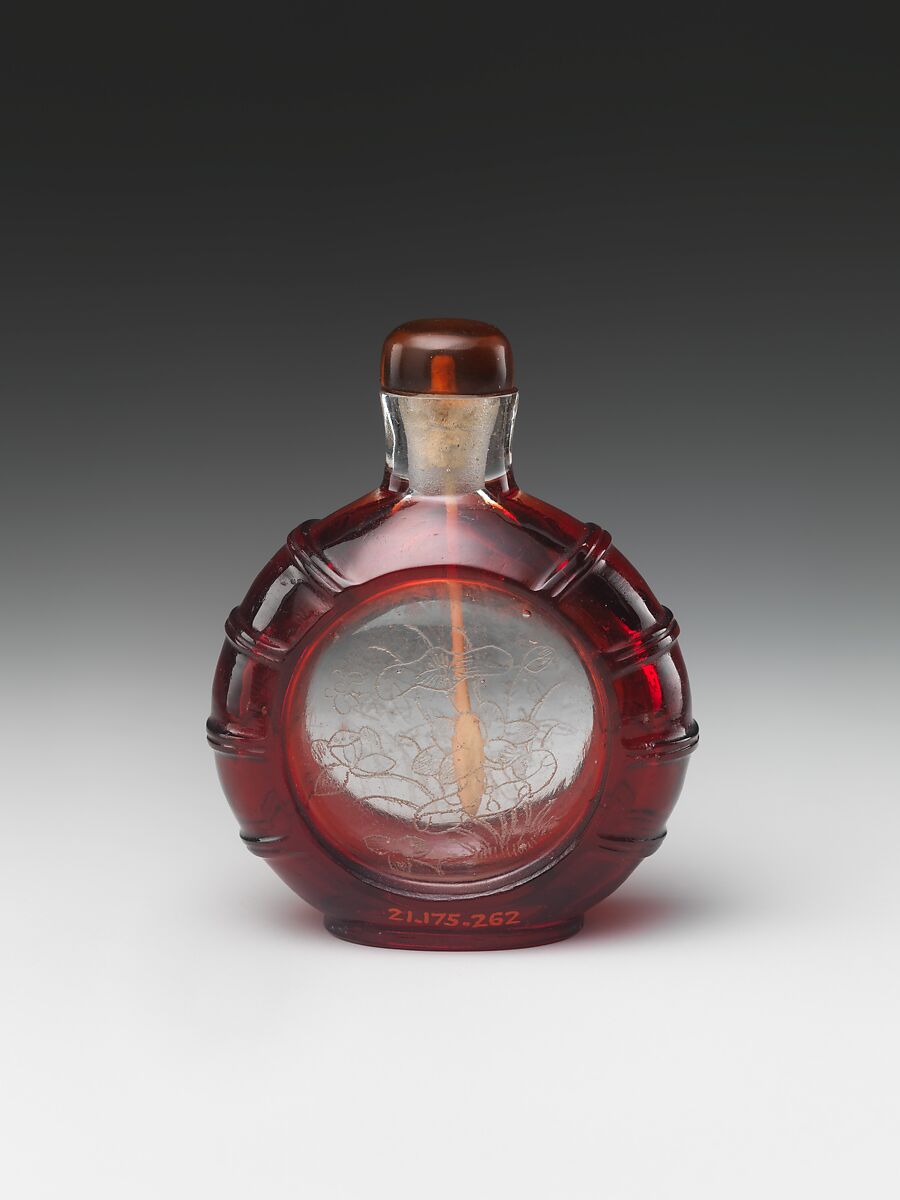 Snuff Bottle with Floral Design, Red glass with glass stopper, China