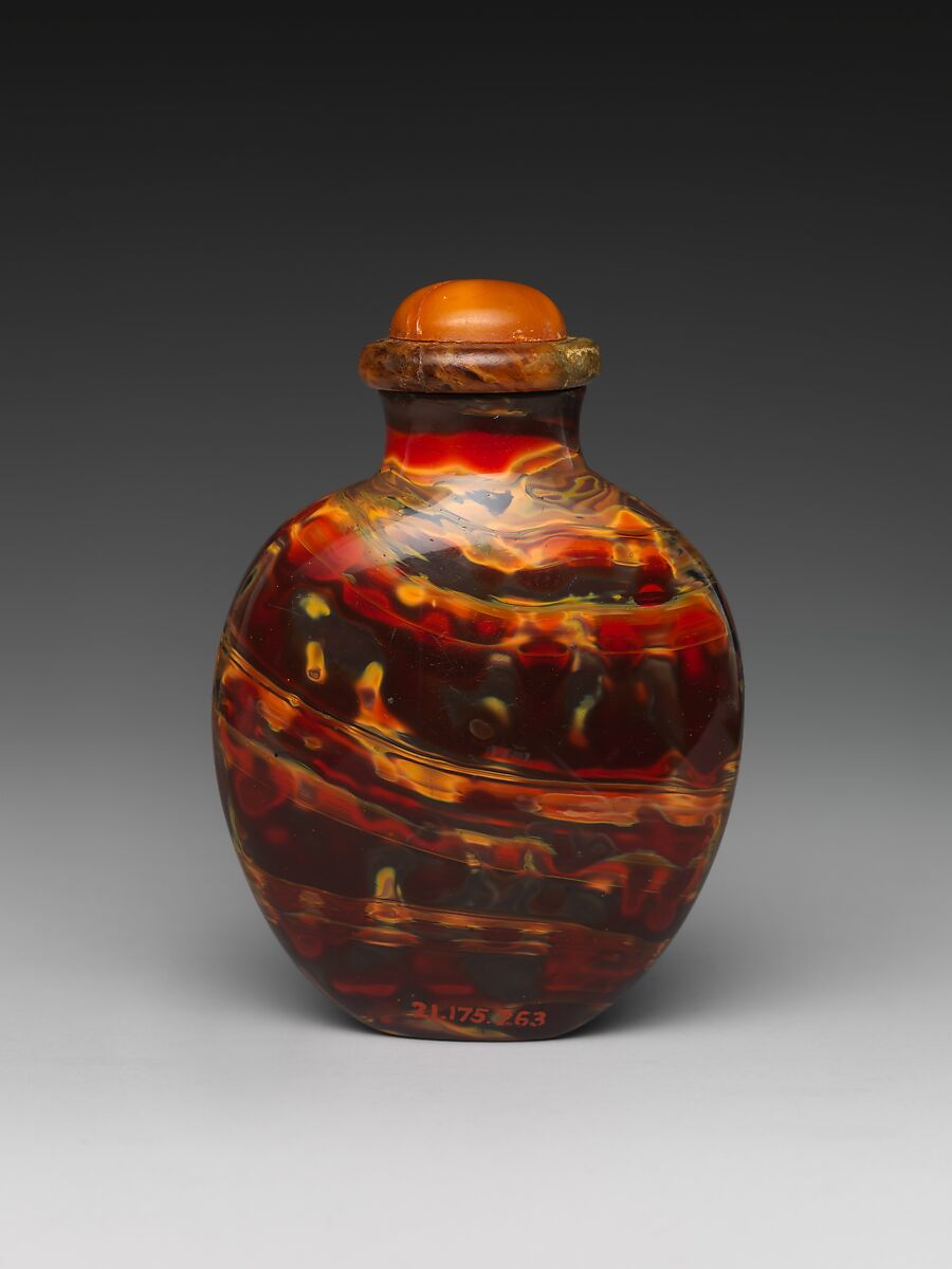Snuff Bottle, Striped glass with coral stopper, China