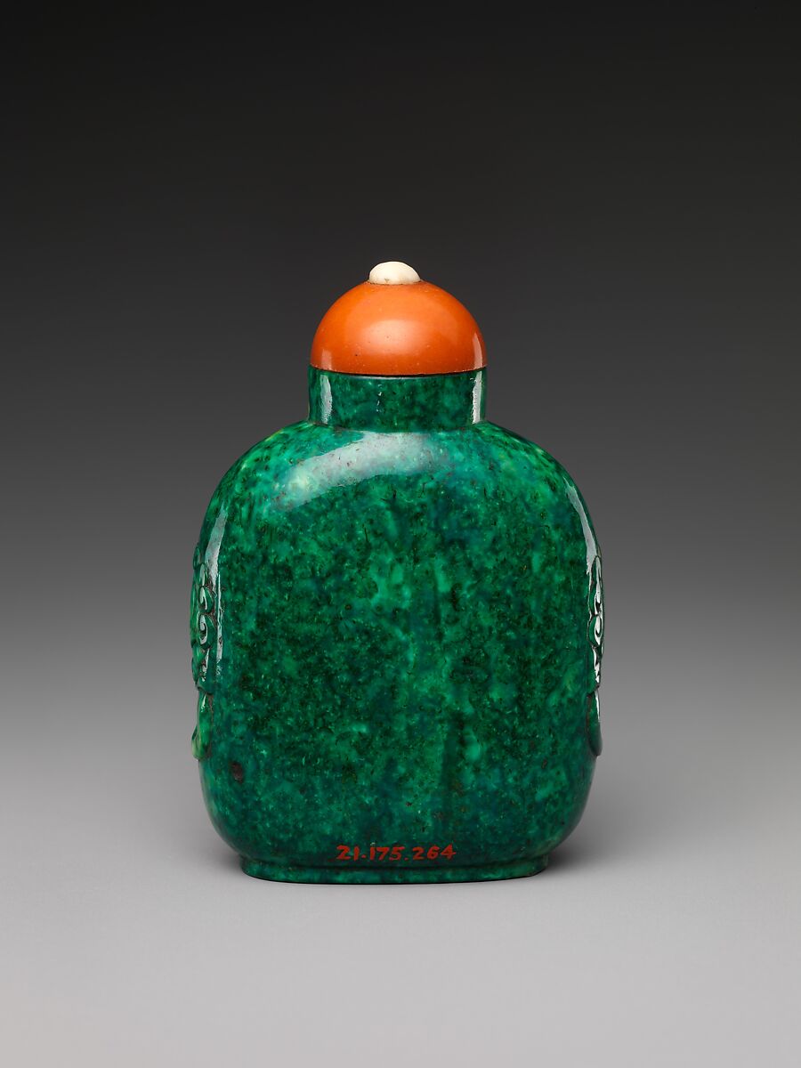 Snuff bottle, Stained walrus tusk with coral stopper, China