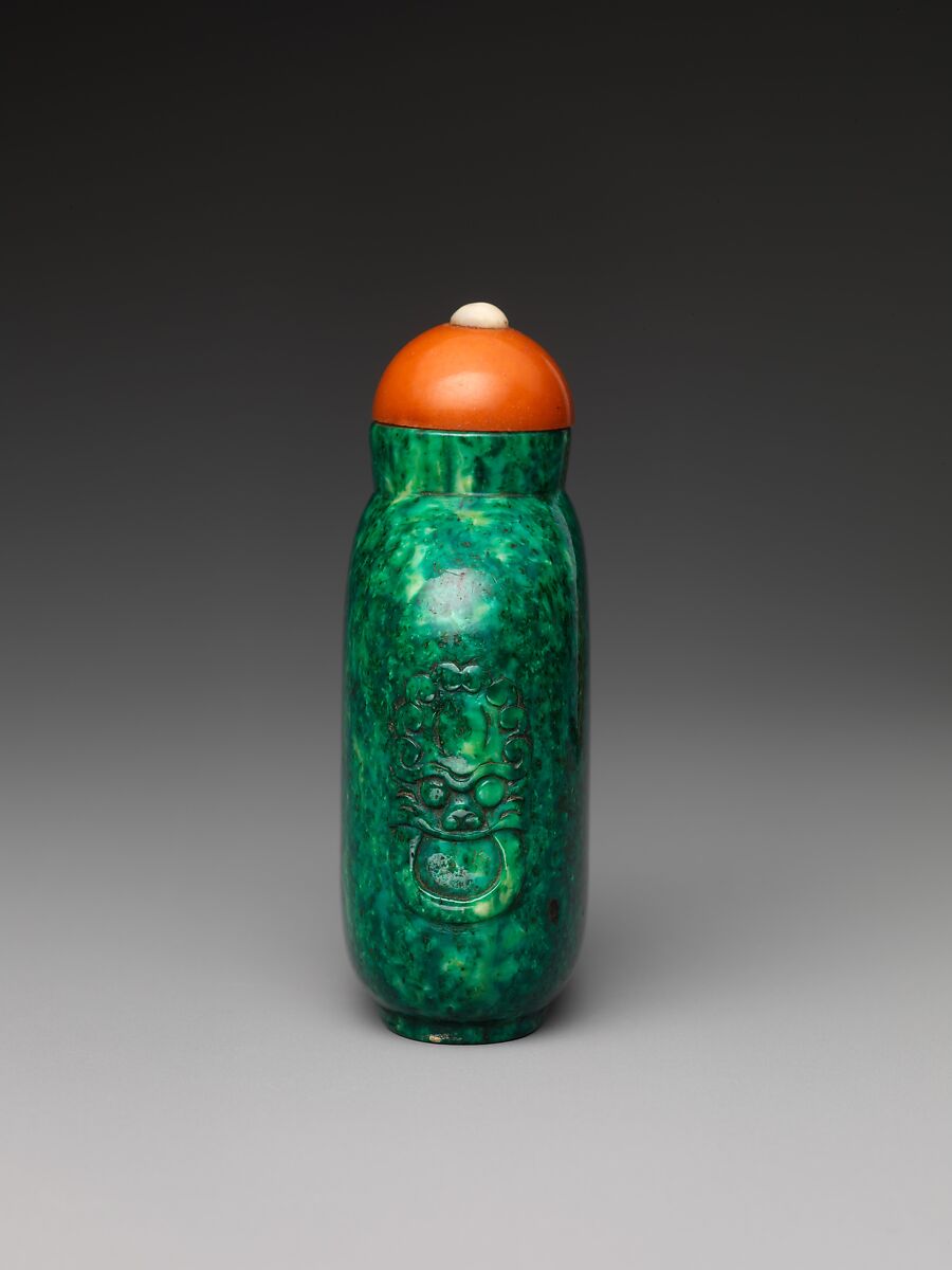 Snuff bottle, Stained walrus tusk with coral stopper, China