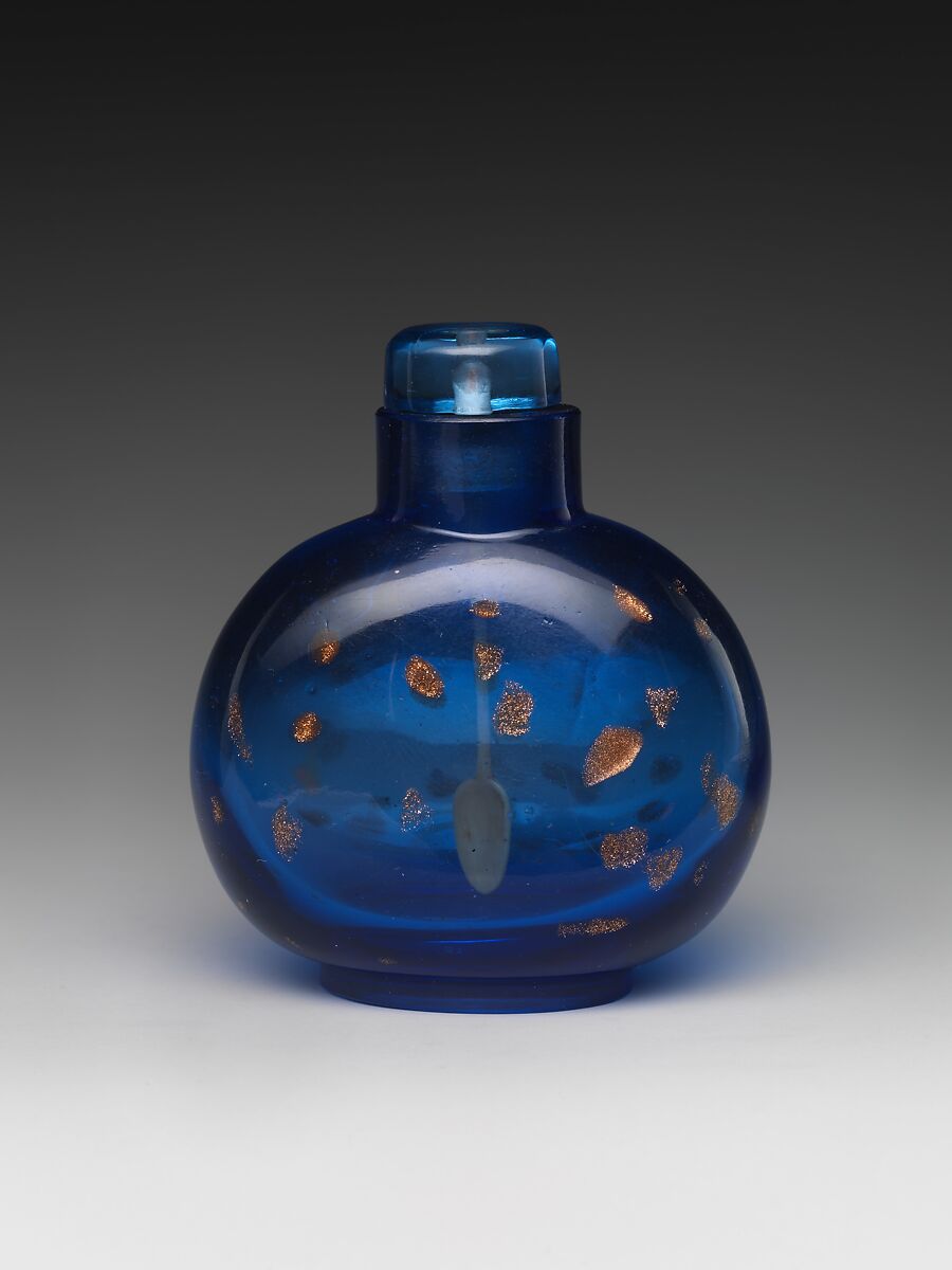 Snuff Bottle with Gold Speckles, Blue glass with glass stopper, China 