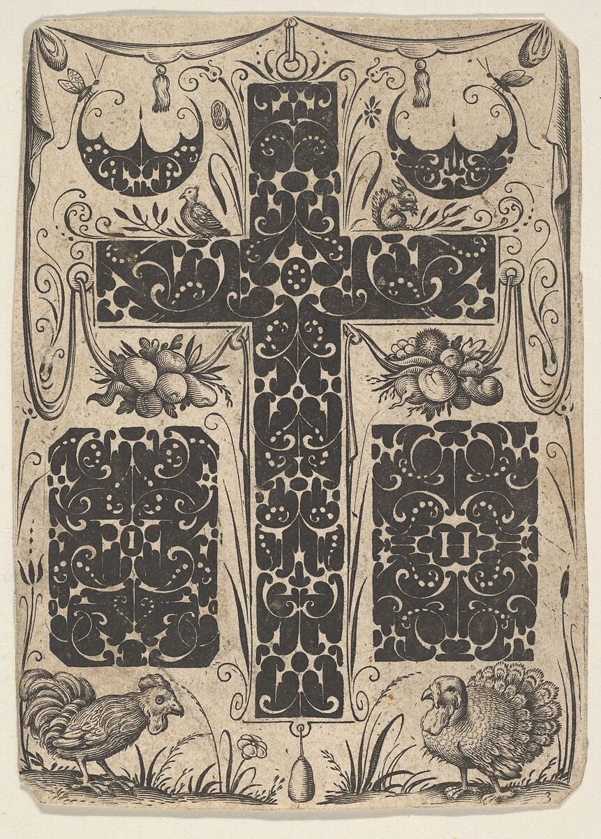 Latin Cross with Birds and Smaller Motifs, Jacques Hurtu (French (active 1584–1635)), Blackwork and engraving 