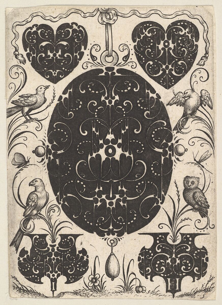 Oval Pendant Decorated  with Schweifwerk, Surrounded by Smaller Motifs and Four Birds, Jacques Hurtu (French (active 1584–1635)), Blackwork and engraving 