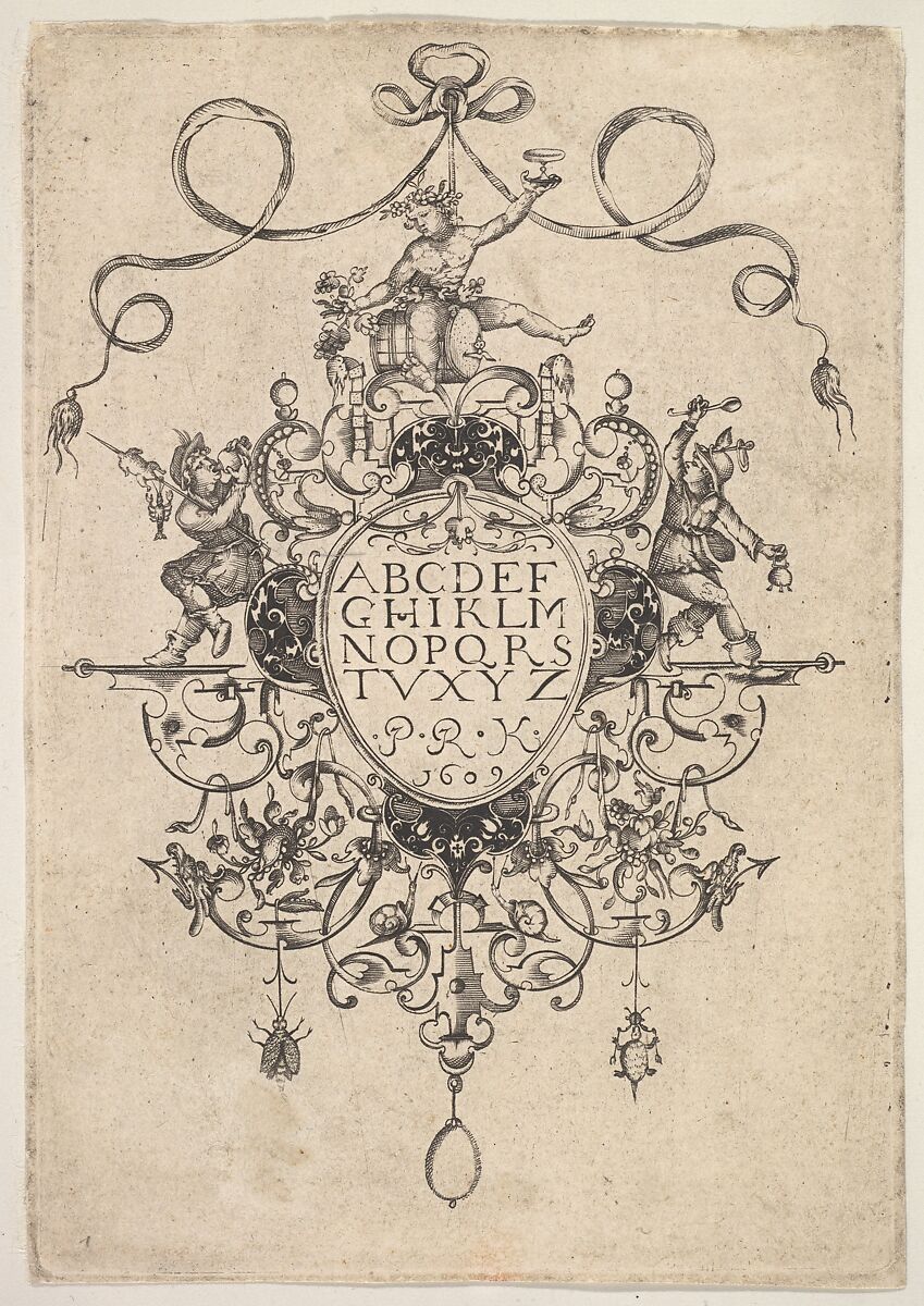 Design for a Pendant with the Alphabet, Master P.R.K (Dutch, ca. 1609–1617), Engraving and blackwork 