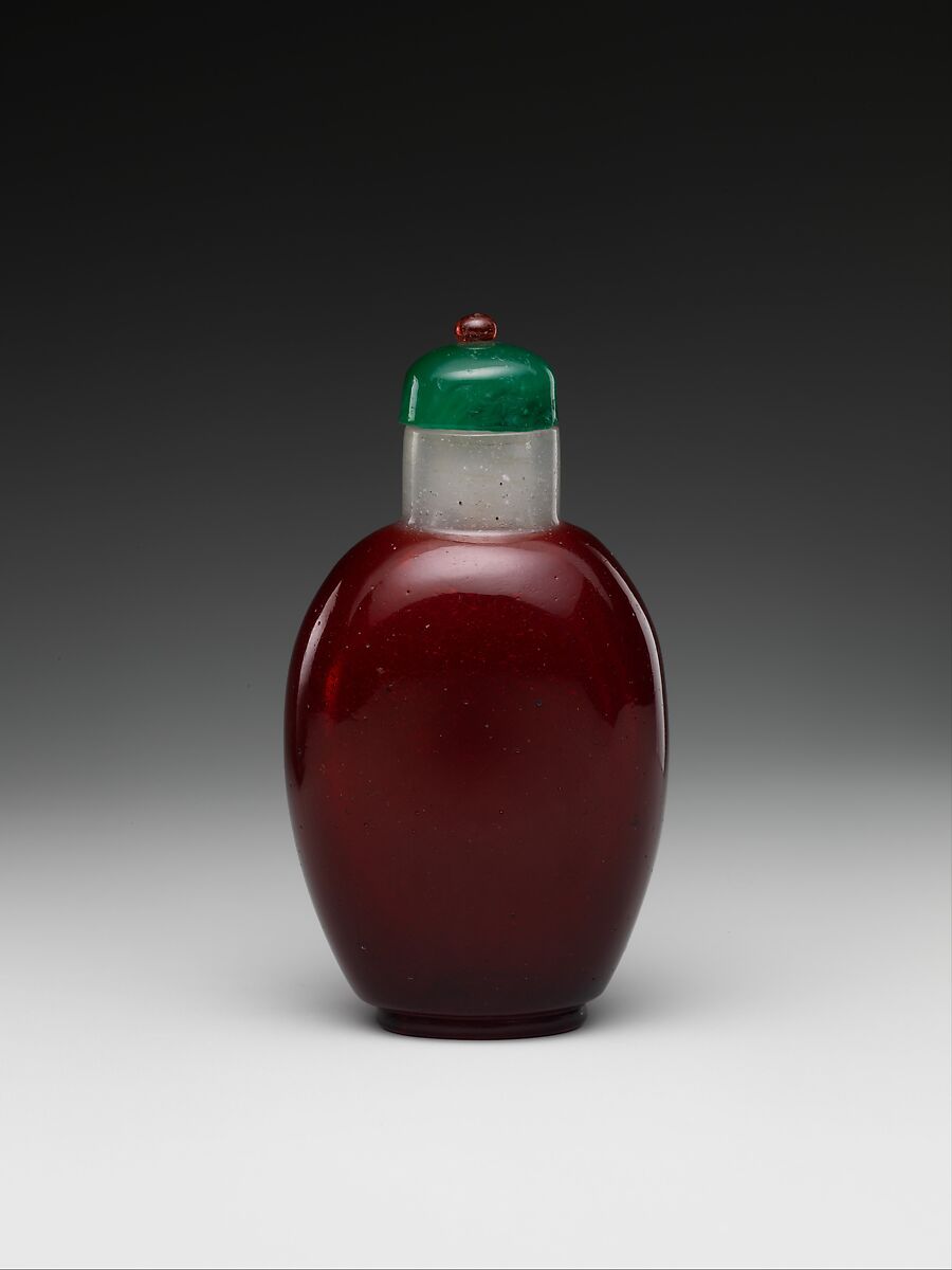 Snuff bottle, Glass with green glass stopper, China 
