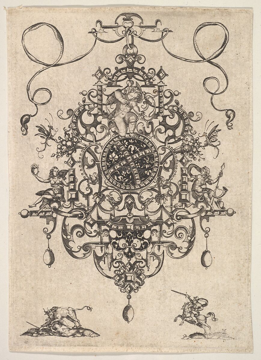Design for a Pendant with Cupid, Master P.R.K (Dutch, ca. 1609–1617), Engraving and blackwork 