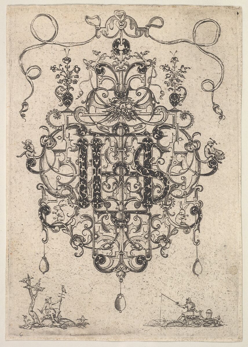 Design for a Pendant with IHS Monogram, Master P.R.K (Dutch, ca. 1609–1617), Engraving and blackwork 