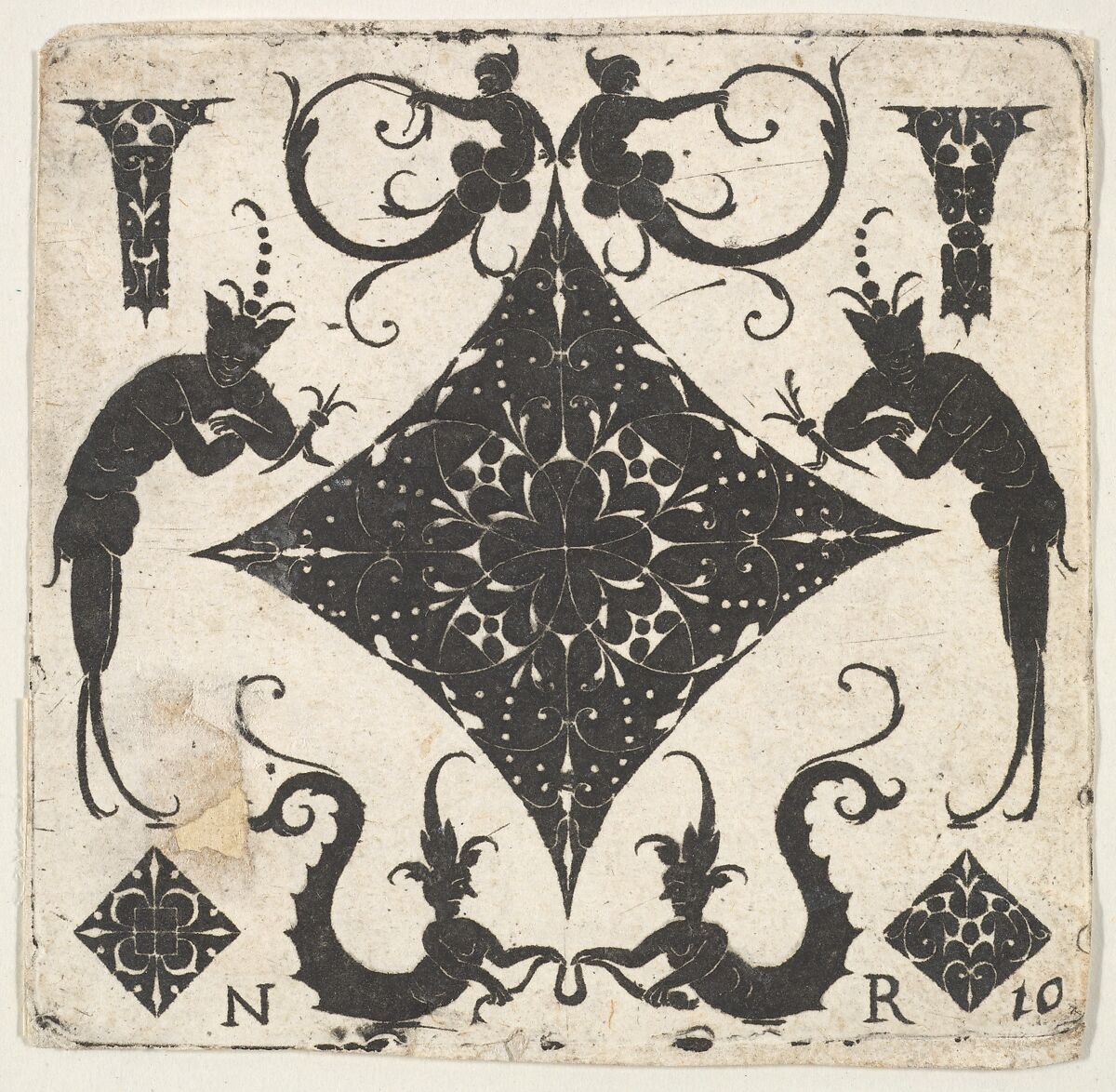 Concave Lozenge-shaped Panel and Grotesque Figures, Noël Rouillard (French, Paris ca. 1589–1646 Paris), Blackwork engraving 