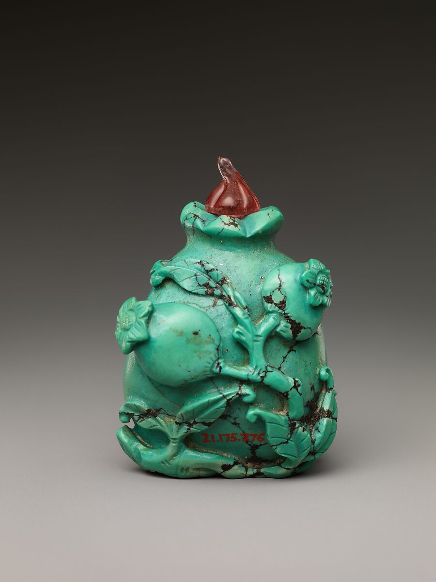 Snuff bottle with pomegranates and bat, Turquoise with pink glass stopper, China
