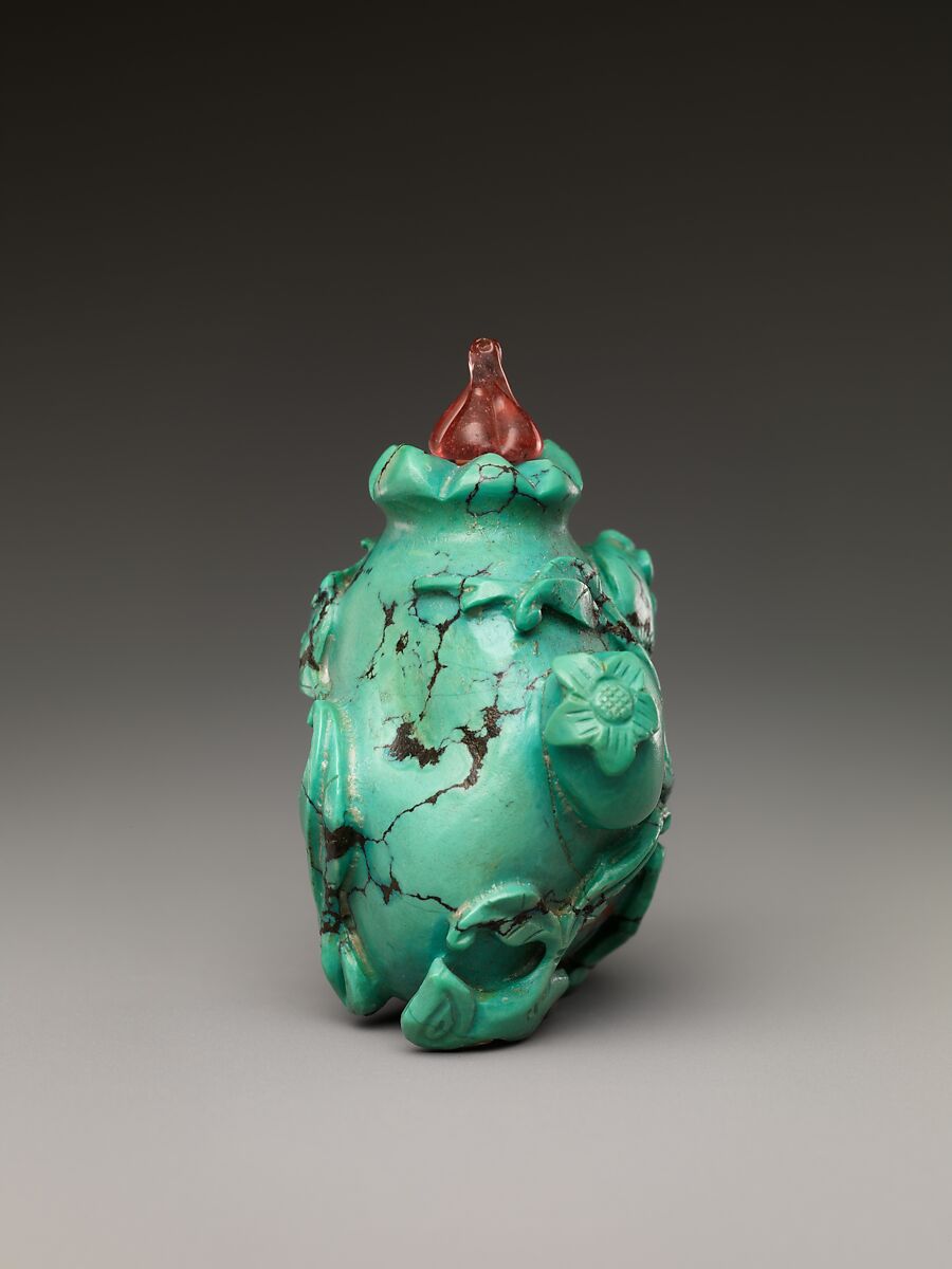 Snuff bottle with pomegranates and bat, Turquoise with pink glass stopper, China
