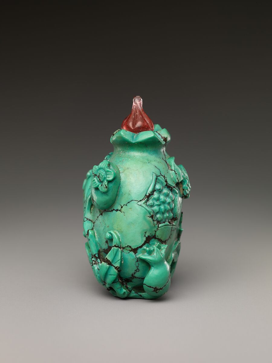 Snuff bottle with pomegranates and bat, Turquoise with pink glass stopper, China