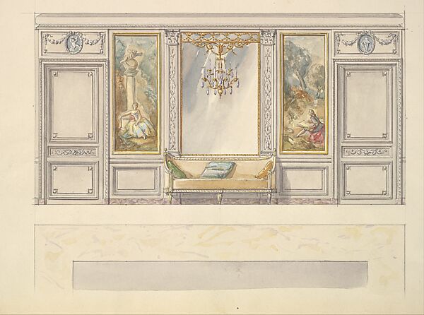 Design for a Wall Elevation with a Large Mirror and Sofa (Fourth Floor), Mewès and Davis (active London and Paris, from 1900), Watercolor over graphite 