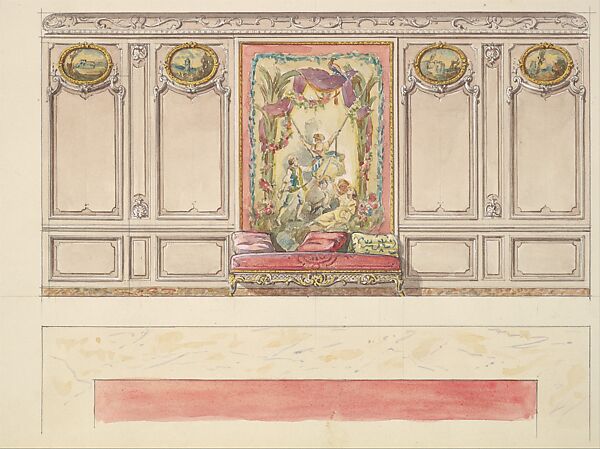 Design for a Wall Elevation with a Large Painted Panel and a Sofa (Third Floor), Mewès and Davis (active London and Paris, from 1900), Watercolor over graphite 