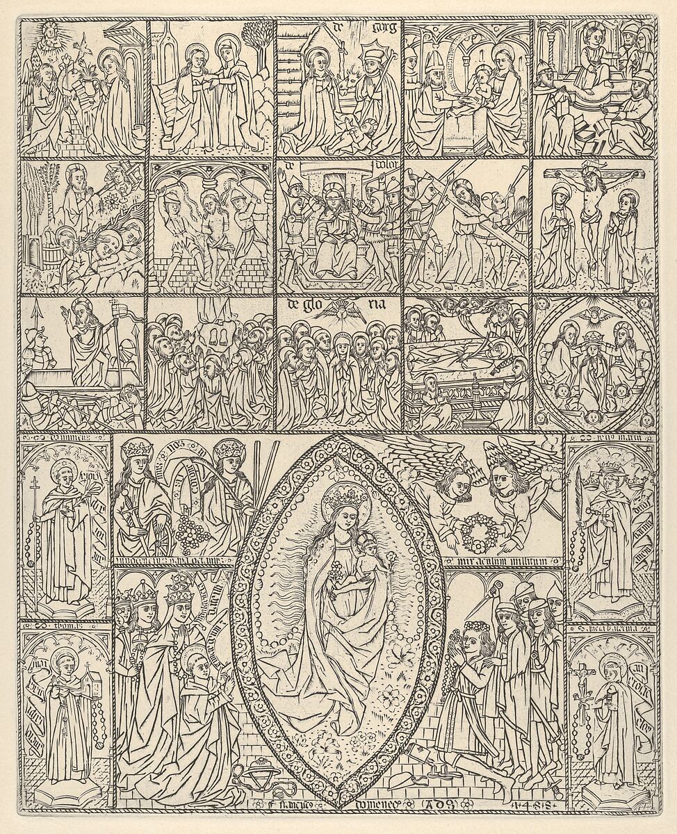 The Fifteen Mysteries and the Virgin of the Rosary (Modern Impression), Francisco Doménech  Spanish, Metalcut (modern impression)