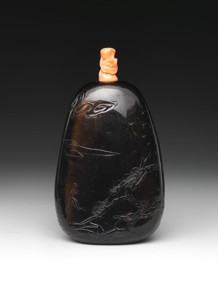 Snuff Bottle, Black crystal with coral stopper, China 