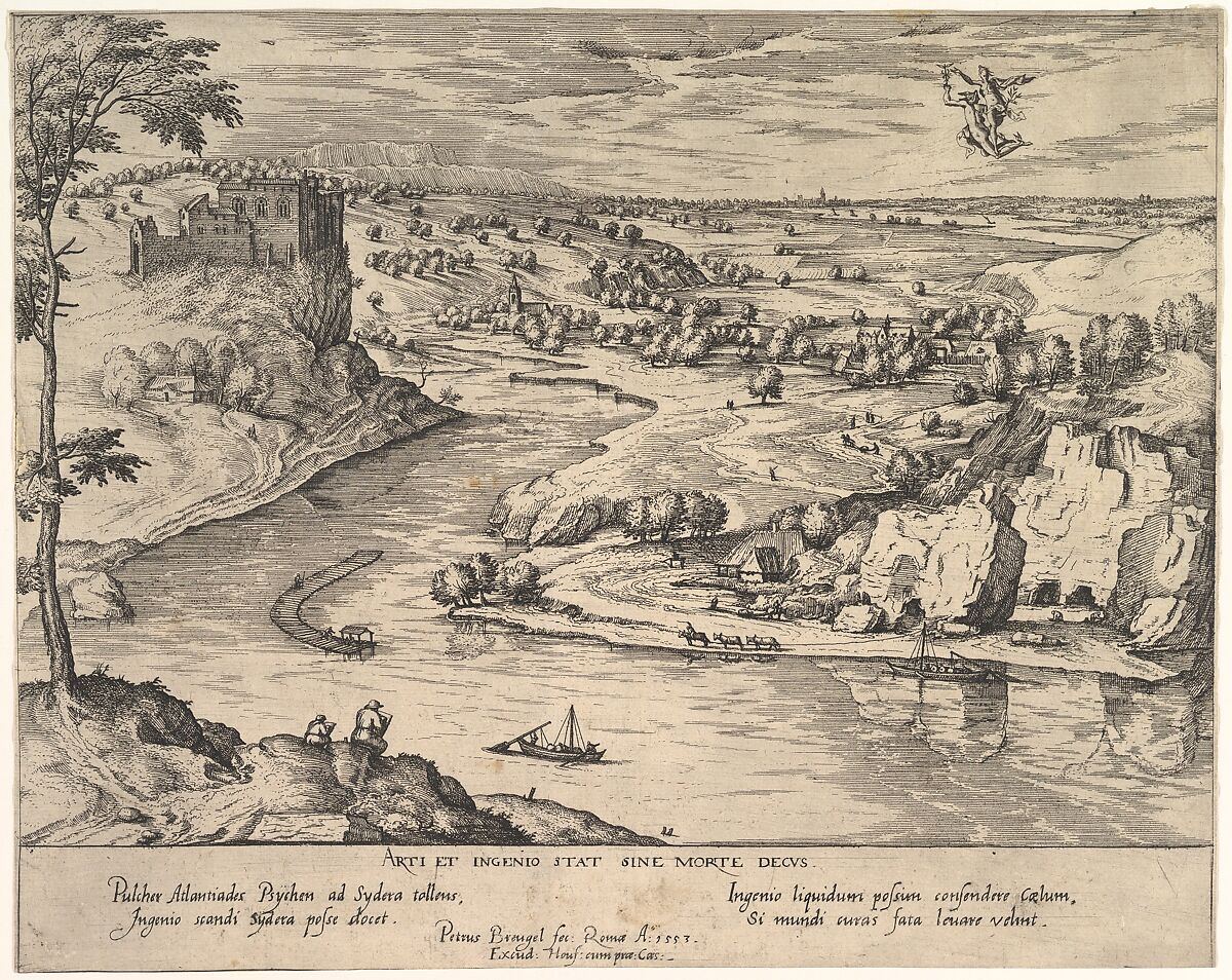 River Landscape with Mercury Abducting Psyche, Simon Novellanus (Netherlandish, 16th century), Etching; first state of two 