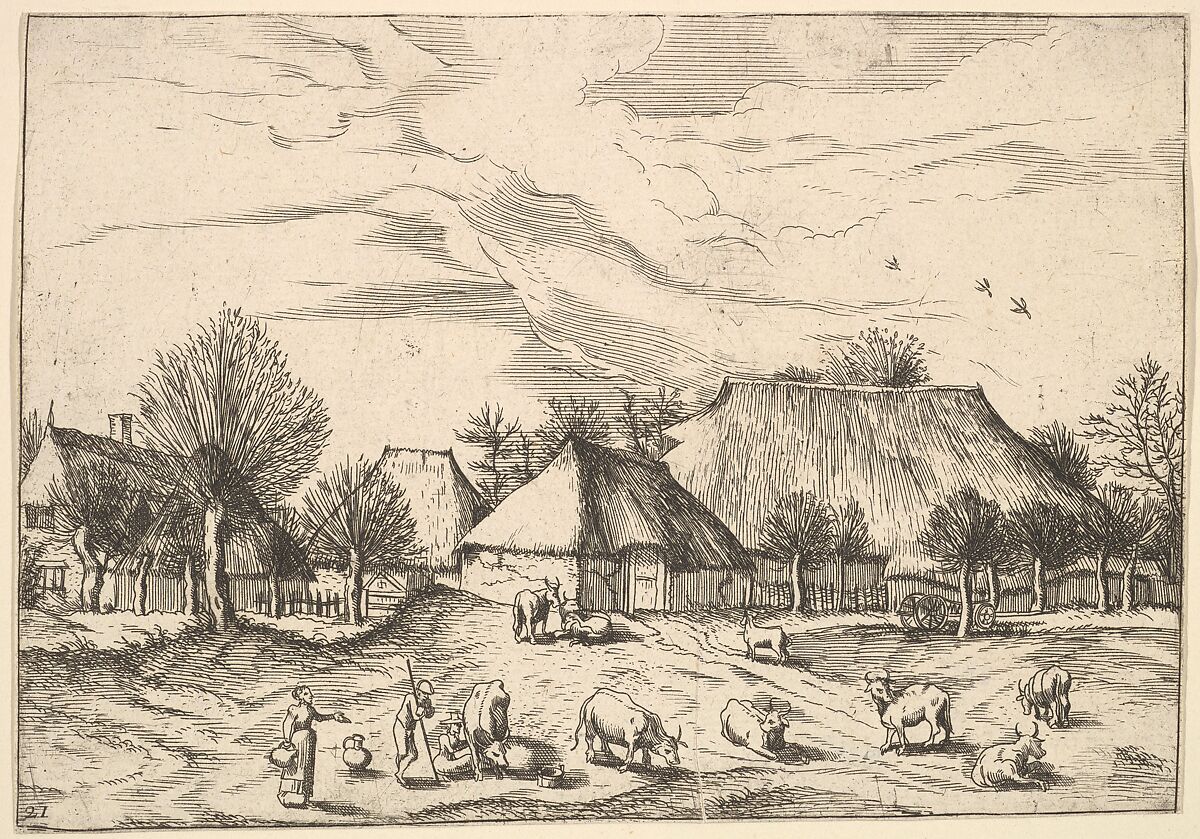 Farms, cattle with herdsmen and milkmaids in the foreground from Multifariarum casularum ruriumque lineamenta curiose ad vivum expressa, Johannes van Doetecum I (Netherlandish, 1528/32–1605), Etching; fourth state of five 