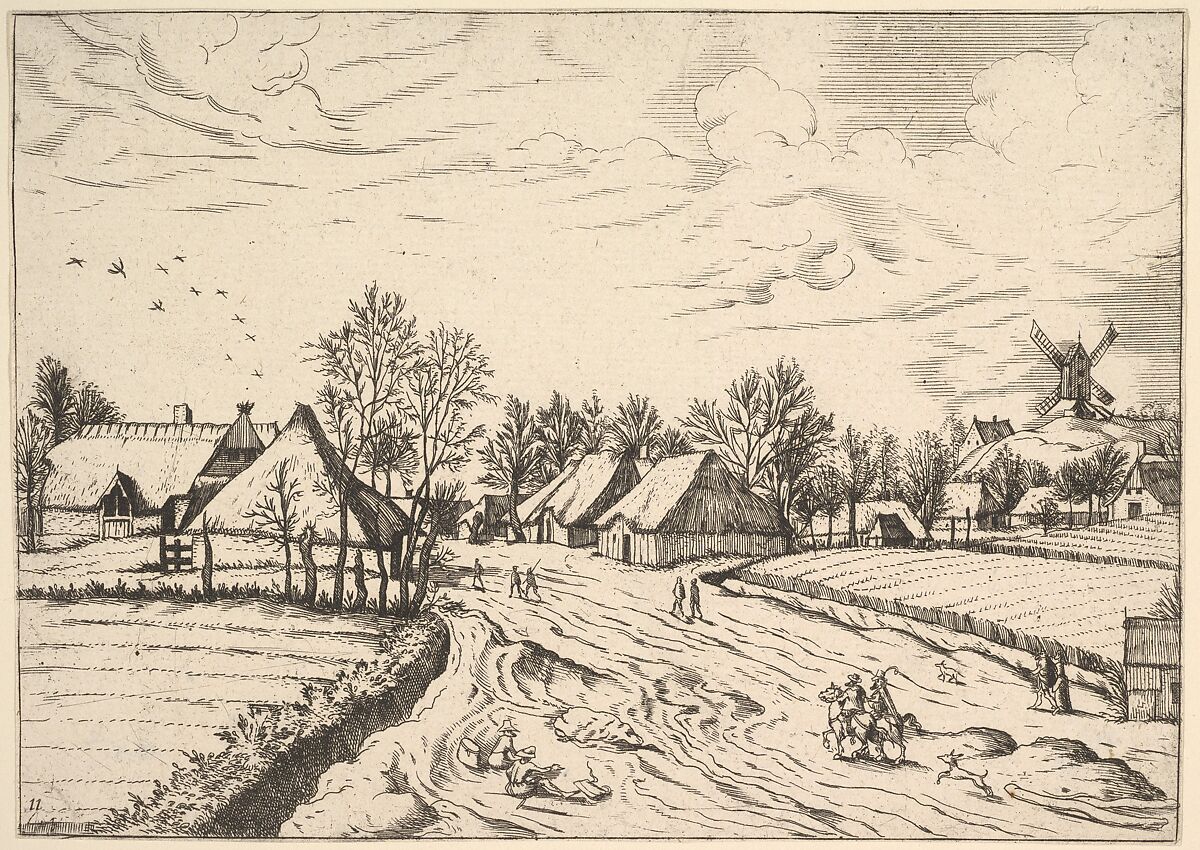 Country Village with Post Mill from Multifariarum casularum ruriumque lineamenta curiose ad vivum expressa, Johannes van Doetecum I (Netherlandish, 1528/32–1605), Etching; third state of three 