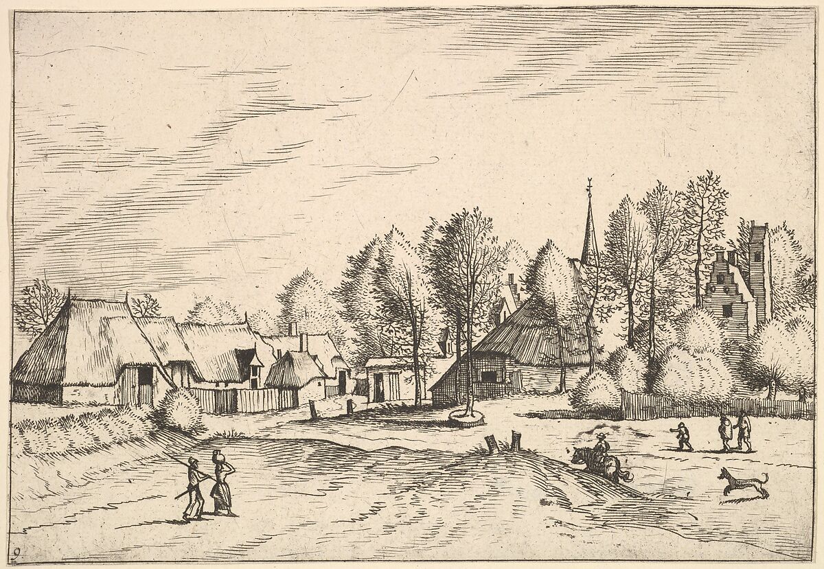 Country Village with Church Tower from Multifariarum casularum ruriumque lineamenta curiose ad vivum expressa, Johannes van Doetecum I (Netherlandish, 1528/32–1605), Etching; third state of three 