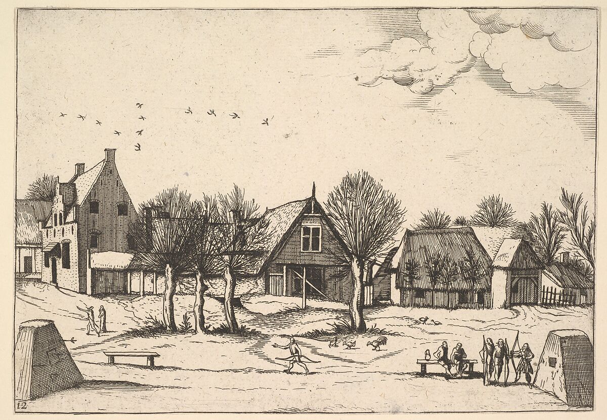 Country Village, archers in the foreground from Multifariarum casularum ruriumque lineamenta curiose ad vivum expressa, Johannes van Doetecum I (Netherlandish, 1528/32–1605), Etching; third state of three 