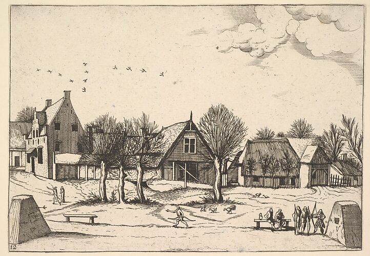 Country Village, archers in the foreground from Multifariarum casularum ruriumque lineamenta curiose ad vivum expressa