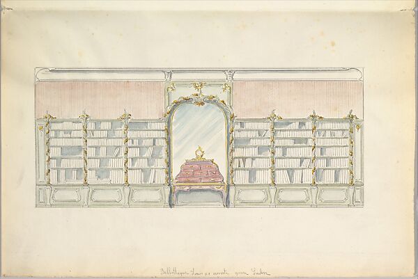 Design for the Wall of a Library in a late Rococo Style, Mewès and Davis (active London and Paris, from 1900), Watercolor over graphite 