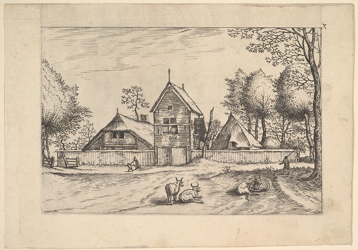 Farmstead, cows and herdsman in the foreground from Praediorum villarum et rusticarum casularum icones elenoantissimae ad vivum in apre deformatae, Johannes van Doetecum I (Netherlandish, 1528/32–1605), Etching; first state of three 