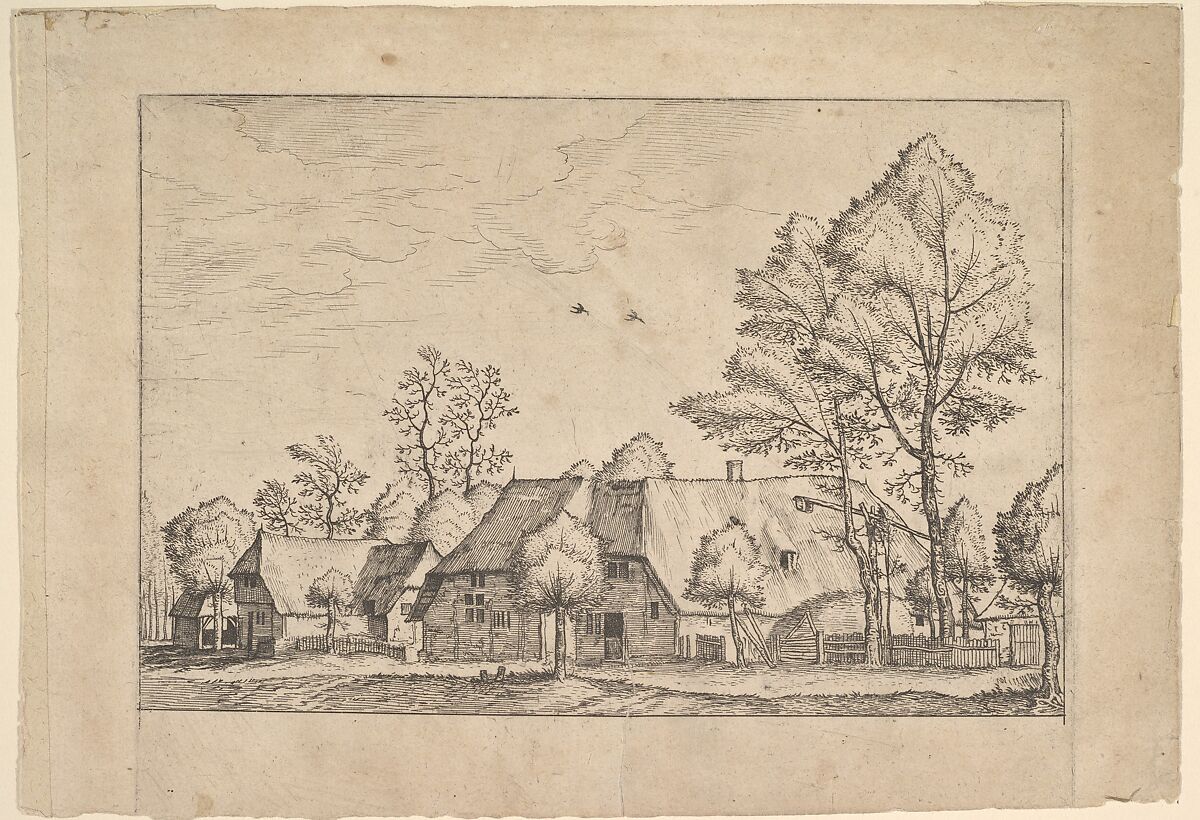 Large Farm with Draw Well from Praediorum villarum et rusticarum casularum icones elenoantissimae ad vivum in apre deformatae, Johannes van Doetecum I (Netherlandish, 1528/32–1605), Etching; first state of three 