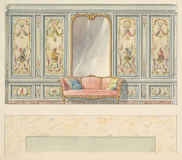 Design for a Wall Elevation with a Large Double-arched Mirror and Sofa (Fifth Floor), Mewès and Davis (active London and Paris, from 1900), Watercolor over graphite 