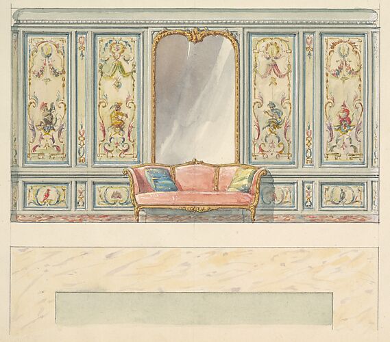 Design for a Wall Elevation with a Large Double-Arched Mirror and Sofa (Fifth Floor)
