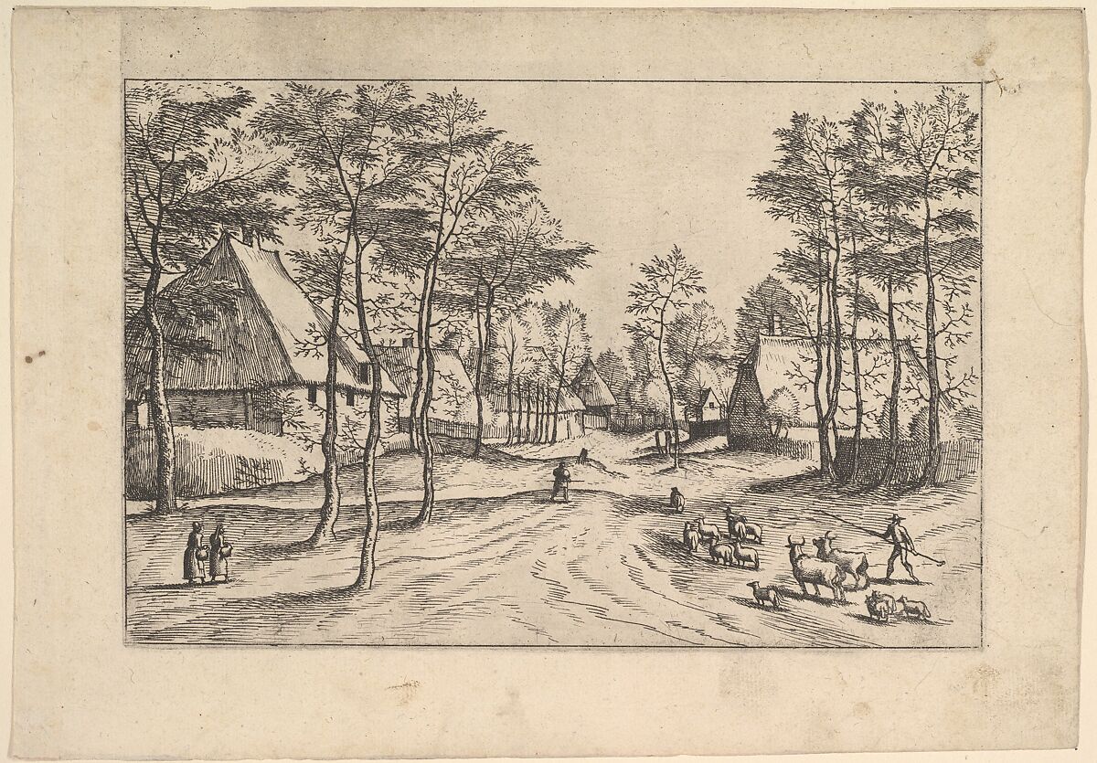 Village Street, cattle, sheep and herdsman in the foreground from Praediorum villarum et rusticarum casularum icones elenoantissimae ad vivum in apre deformatae, Johannes van Doetecum I (Netherlandish, 1528/32–1605), Etching; first state of three 