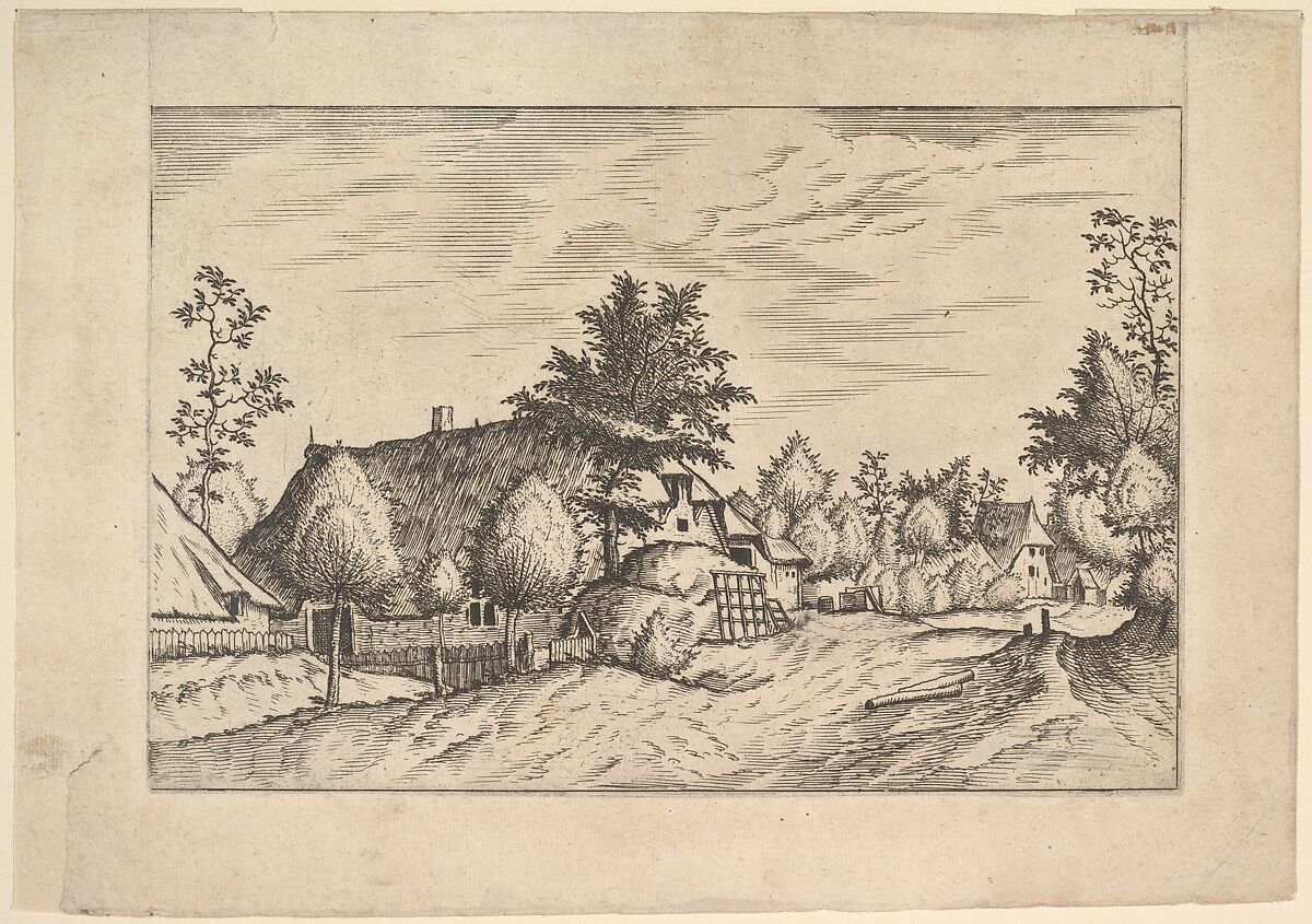 Village Street, hay stacked in front of a farm from Praediorum villarum et rusticarum casularum icones elenoantissimae ad vivum in apre deformatae, Johannes van Doetecum I (Netherlandish, 1528/32–1605), Etching; first state of three 