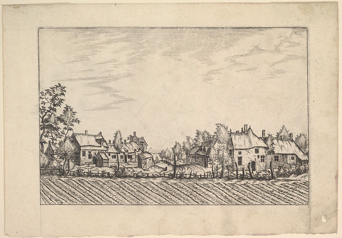 Farms, ploughed field in the foreground from Praediorum villarum et rusticarum casularum icones elenoantissimae ad vivum in apre deformatae, Johannes van Doetecum I (Netherlandish, 1528/32–1605), Etching; first state of three 