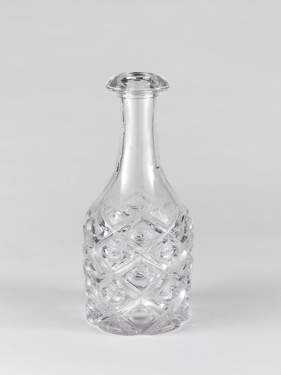 Half-pint decanter, Pressed glass, diamond thumbprint, American 
