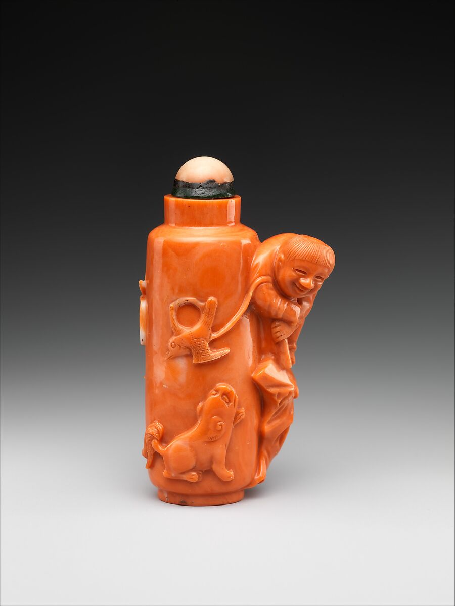 Snuff bottle with boy flying a bird, Coral, China 