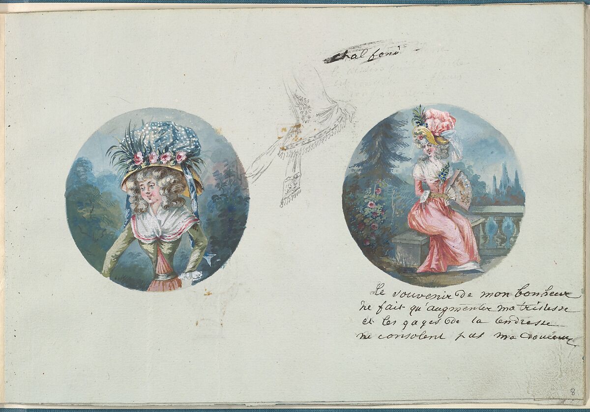 Two Costume Designs or Portrait Types and a Third Costume Sketch, Anonymous, French, 18th century, Pen and black ink, graphite, gouache 