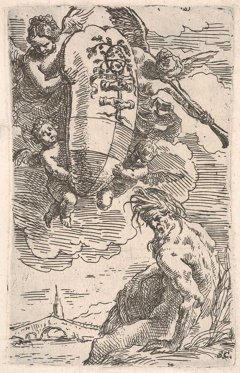 Allegory of the Foglia River and the city of Pesaro's coat of arms, frontispiece for 'Il Pesarese', Simone Cantarini (Italian, Pesaro 1612–1648 Verona), Etching 