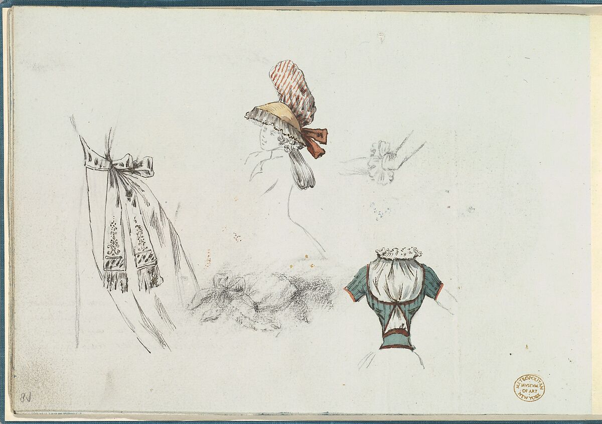 Costume Design Sketches including a Bouffant Skirt, Hat, and Bodice, Anonymous, French, 18th century, Pen and black ink, graphite, gouache 