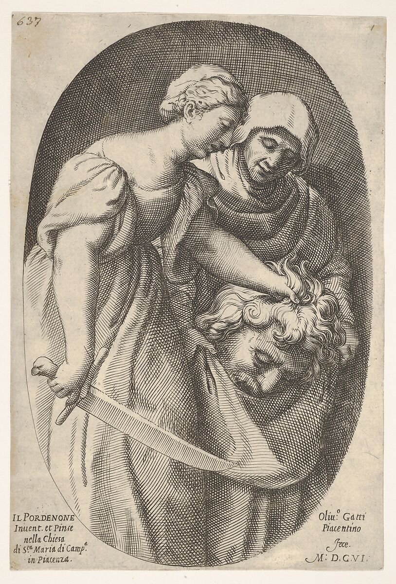 Judith with the head of Holofernes in her left hand and a sword in her right hand, accompanied by a female attendant, from a series of four Old Testament subjects, Oliviero Gatti (Italian, active Bologna 1610–30), Engraving 