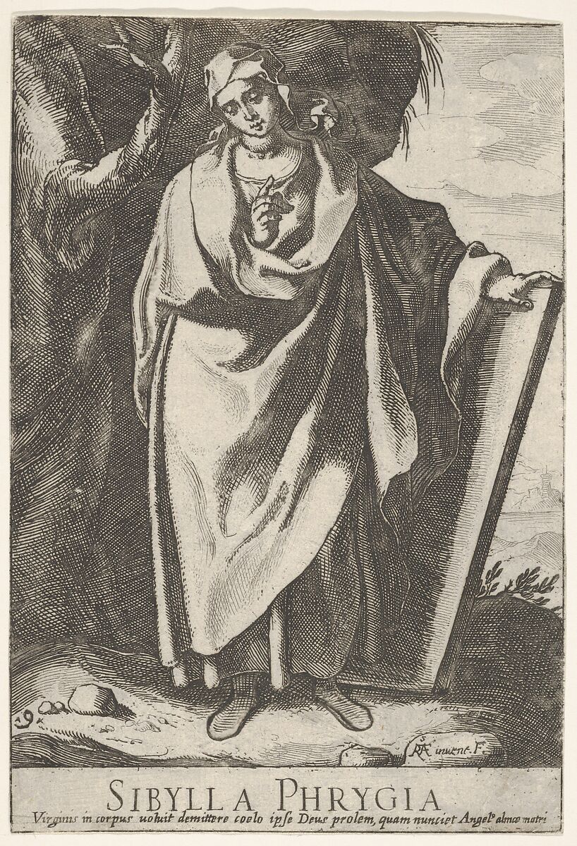 Plate 9: the Phrygian Sibyl holding the top of a tablet with her left hand and pointing with her right, from the series of 'Sibyls', Raffaello Schiaminossi (Italian, Borgo San Sepolcro (Sansepolcro) 1572–1622 Borgo San Sepolcro (Sansepolcro)), Etching 