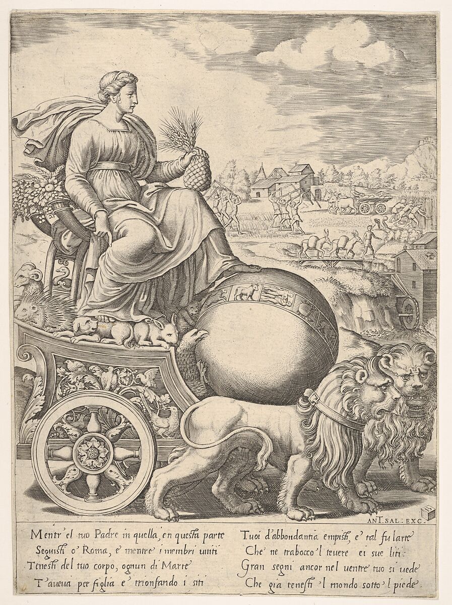 Cybele in her chariot drawn by two lions, Master of the Die (Italian, active Rome, ca. 1530–60), Engraving 