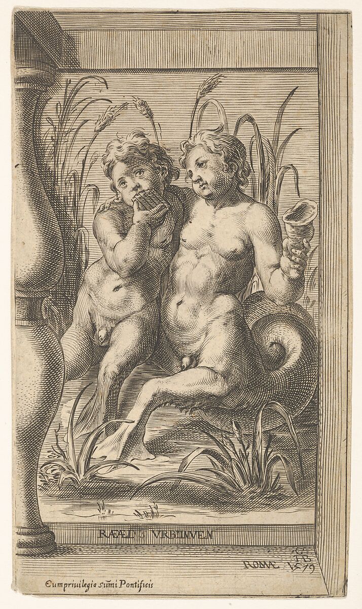 Two tritons embracing, one playing a panpipe, the second holding a conch shell set within a recessed space, Cherubino Alberti (Zaccaria Mattia) (Italian, Borgo Sansepolcro 1553–1615 Rome), Engraving 