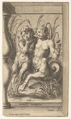 Two tritons embracing, one playing a panpipe, the second holding a conch shell set within a recessed space