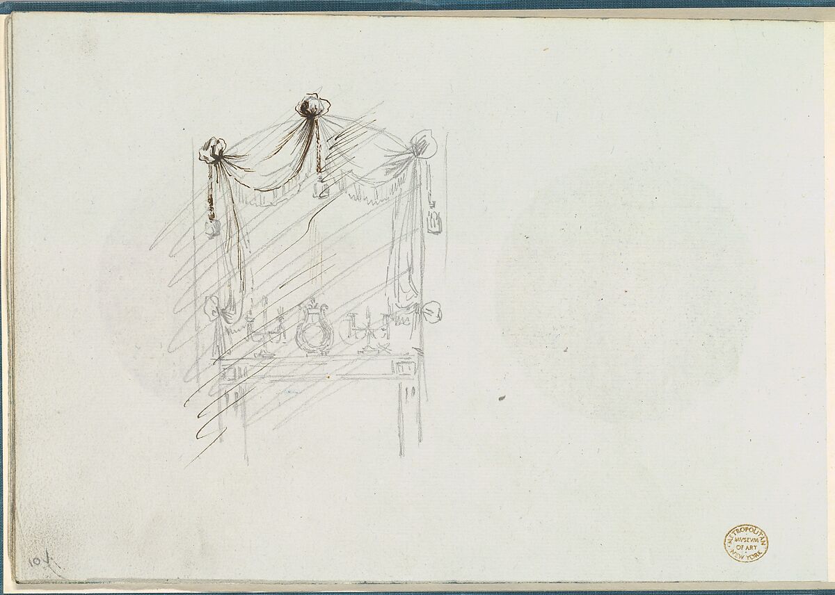 Sketch of a Fireplace with a Mirror Surrounded by Drapery, Anonymous, French, 18th century, Pen and black ink, graphite 