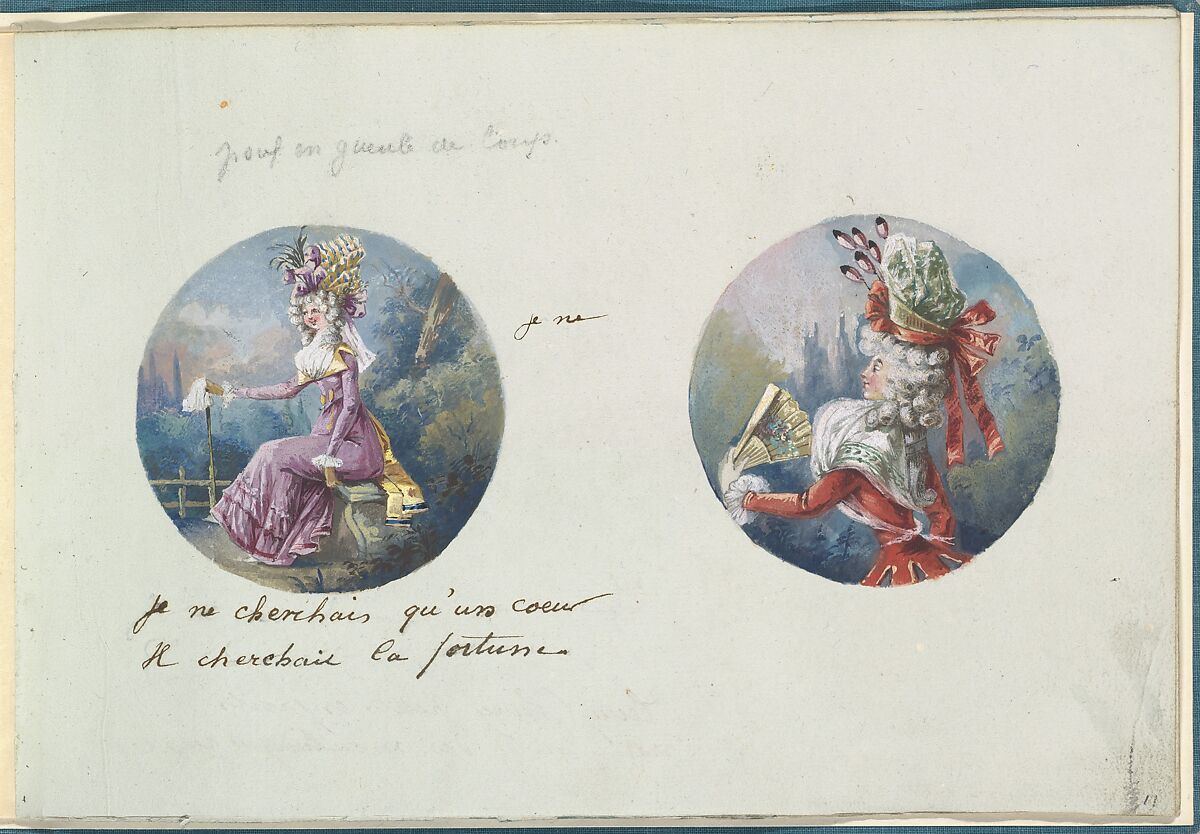 Two Costume Designs or Portrait Types, Anonymous, French, 18th century, Pen and black ink, graphite, gouache 