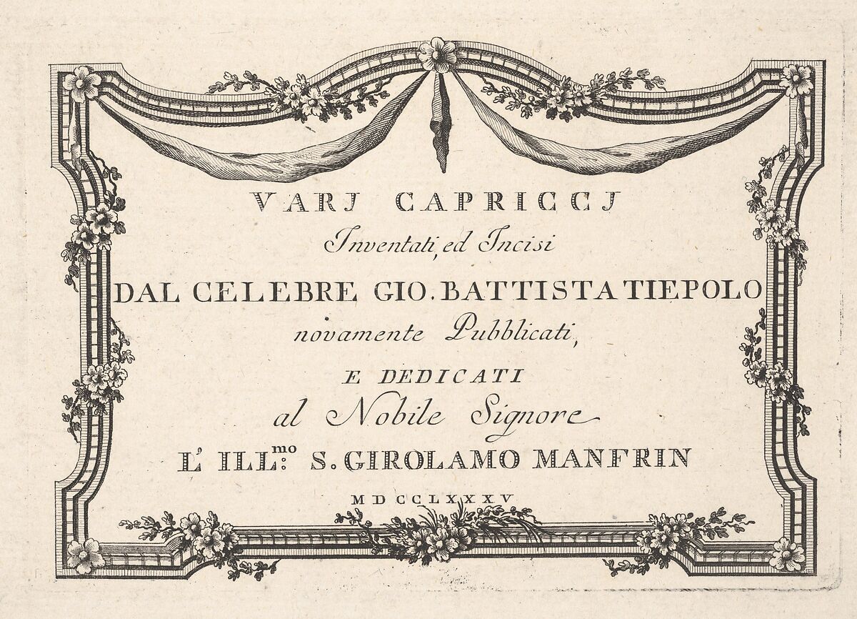 Title page, from Varj Carpiccj, Giovanni Battista Tiepolo (Italian, Venice 1696–1770 Madrid), Etching 