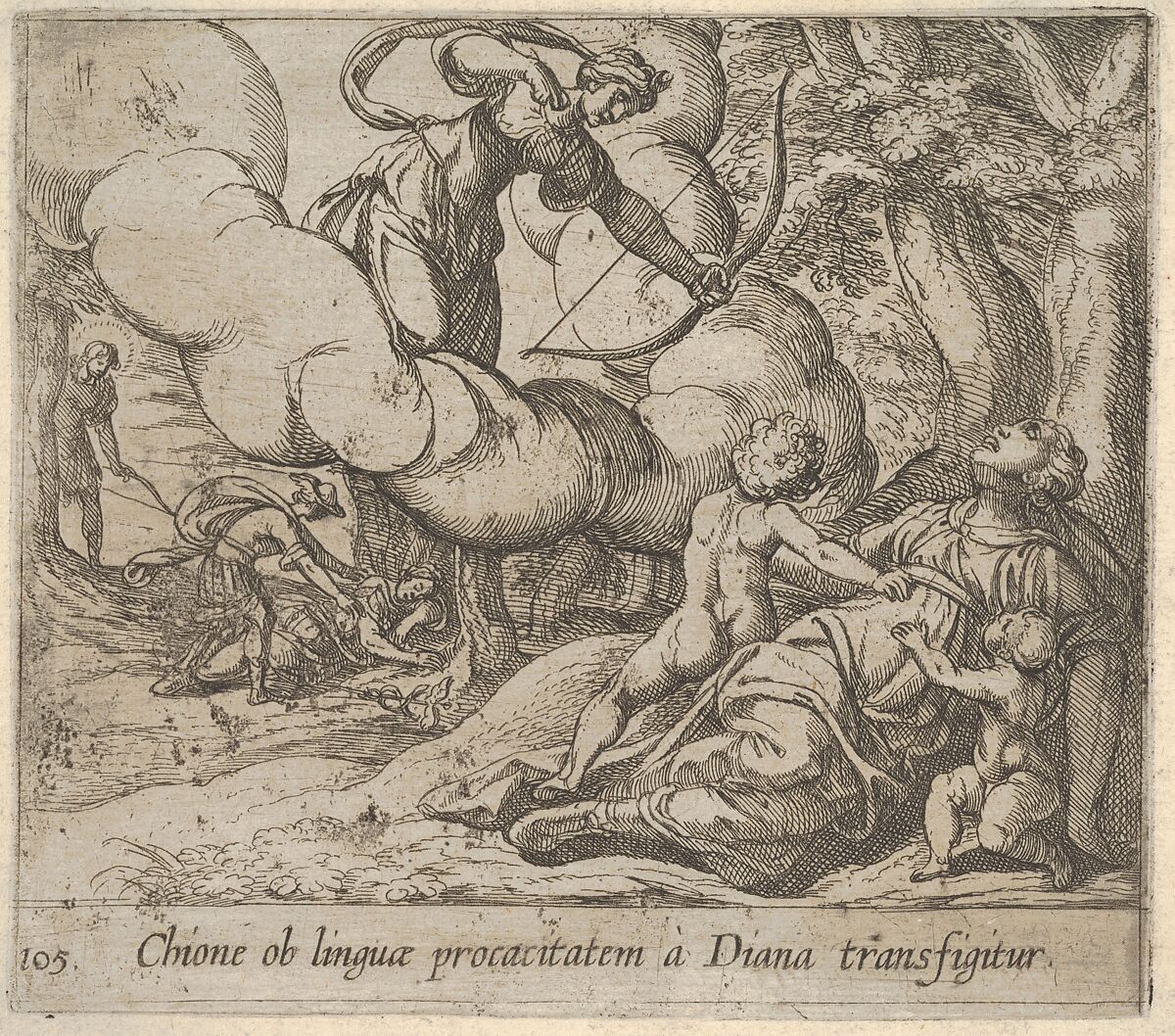 Plate 105: Diana aiming her bow toward Chione, who is accompanied by two children, in another scene at left Mercury approaches the sleeping Chione, from a series illustrating 'The Metamorphoses' of Ovid, Antonio Tempesta (Italian, Florence 1555–1630 Rome), Etching 