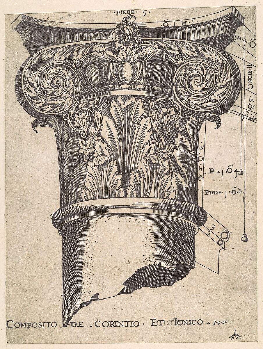 Composite capital with measurements, Monogrammist G.A. with the Caltrop (Italian, 1530–1540), Engraving